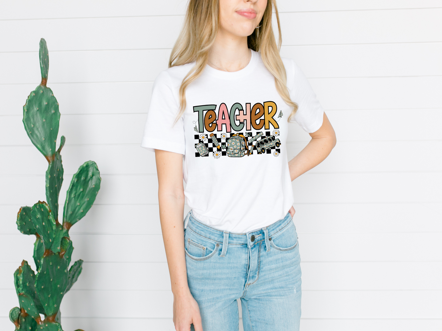 DTF TEACHER FUN CHECKERED FLORAL DESIGN PRINT TRANSFER
