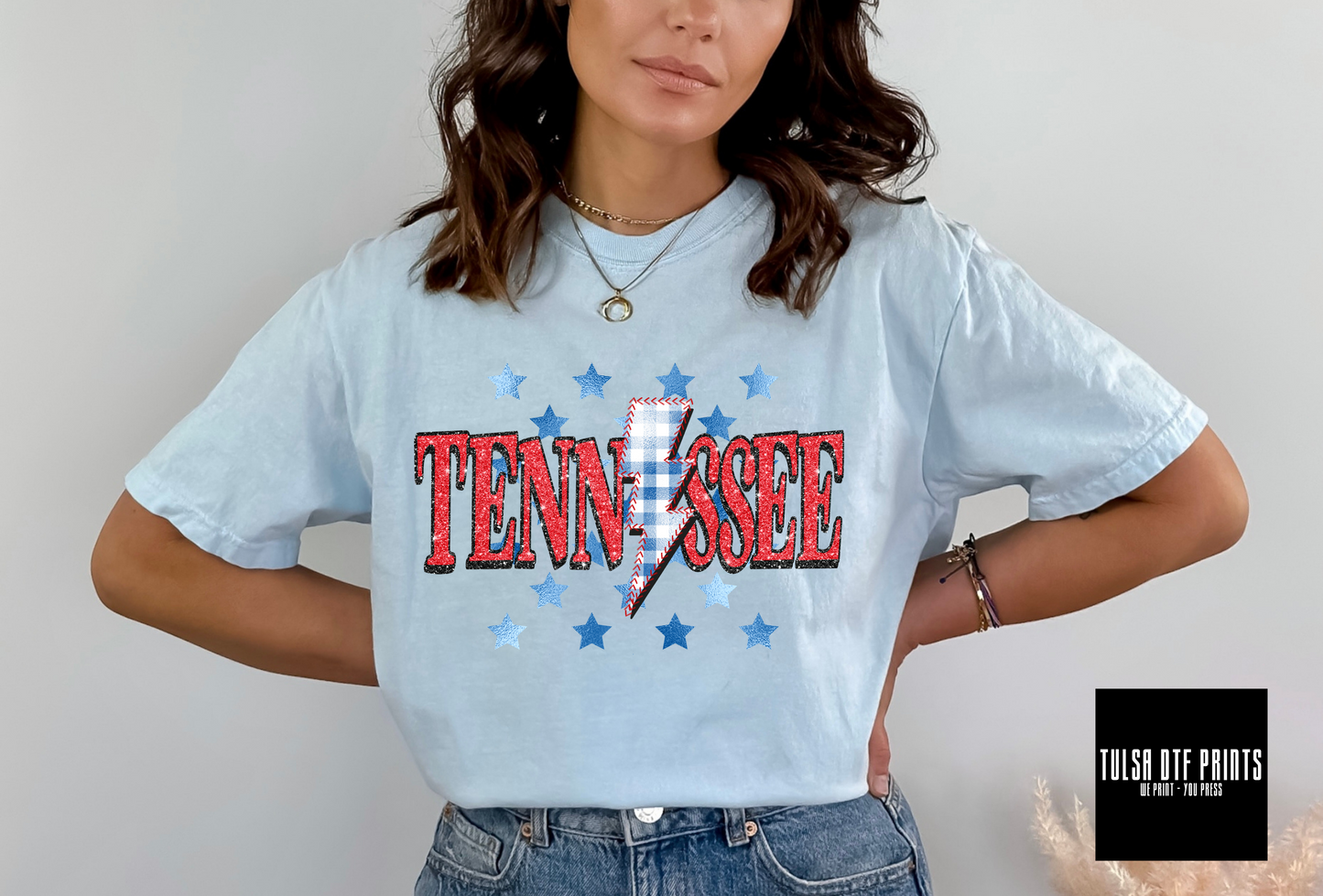 DTF TENNESSEE GLITTER - FOIL STARS GINGHAM STITCHED BOLT TRANSFER