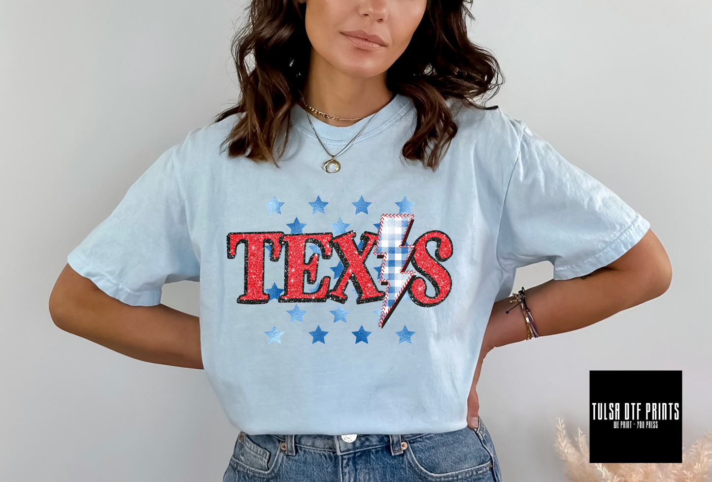 DTF TEXAS GLITTER - FOIL STARS GINGHAM STITCHED BOLT TRANSFER