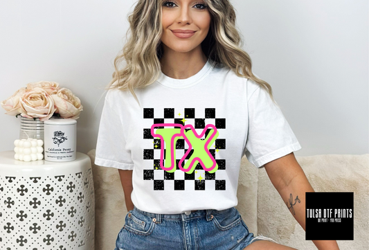 DTF TEXAS NEON CHECKERED STATE TRANSFER