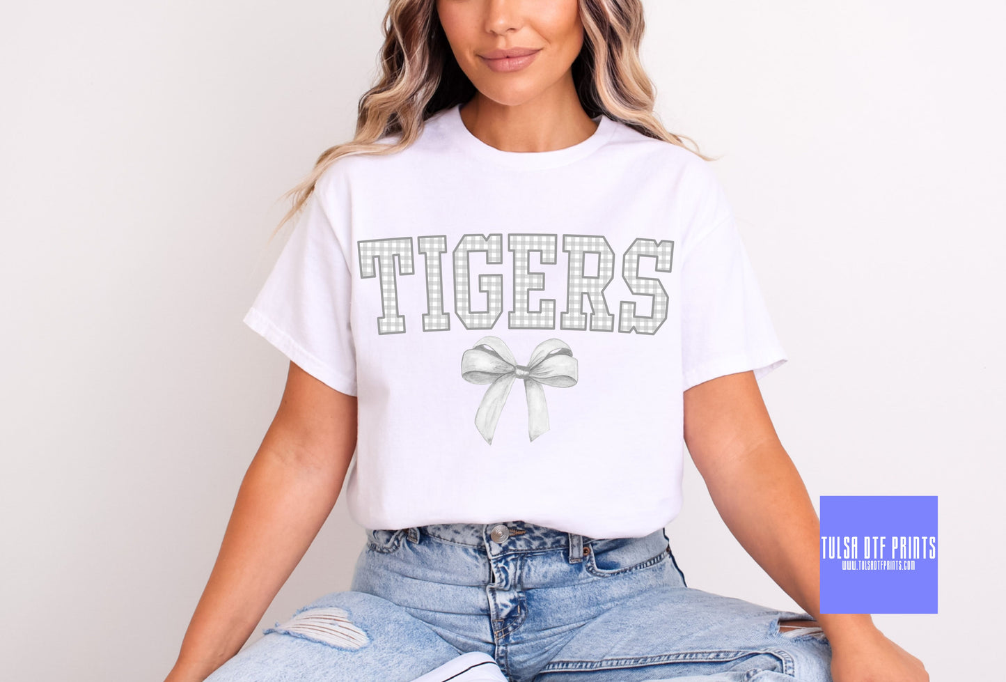 DTF TIGERS WHITE GINGHAM BOW GAME DAY MASCOT TRANSFER