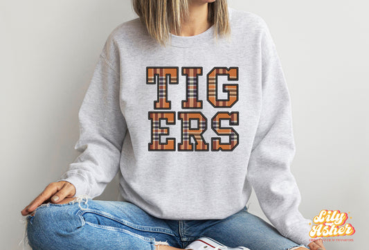 DTF TIGERS ORANGE EMBROIDED CHECKERED PATTERN GAME DAY DESIGN TRANSFER