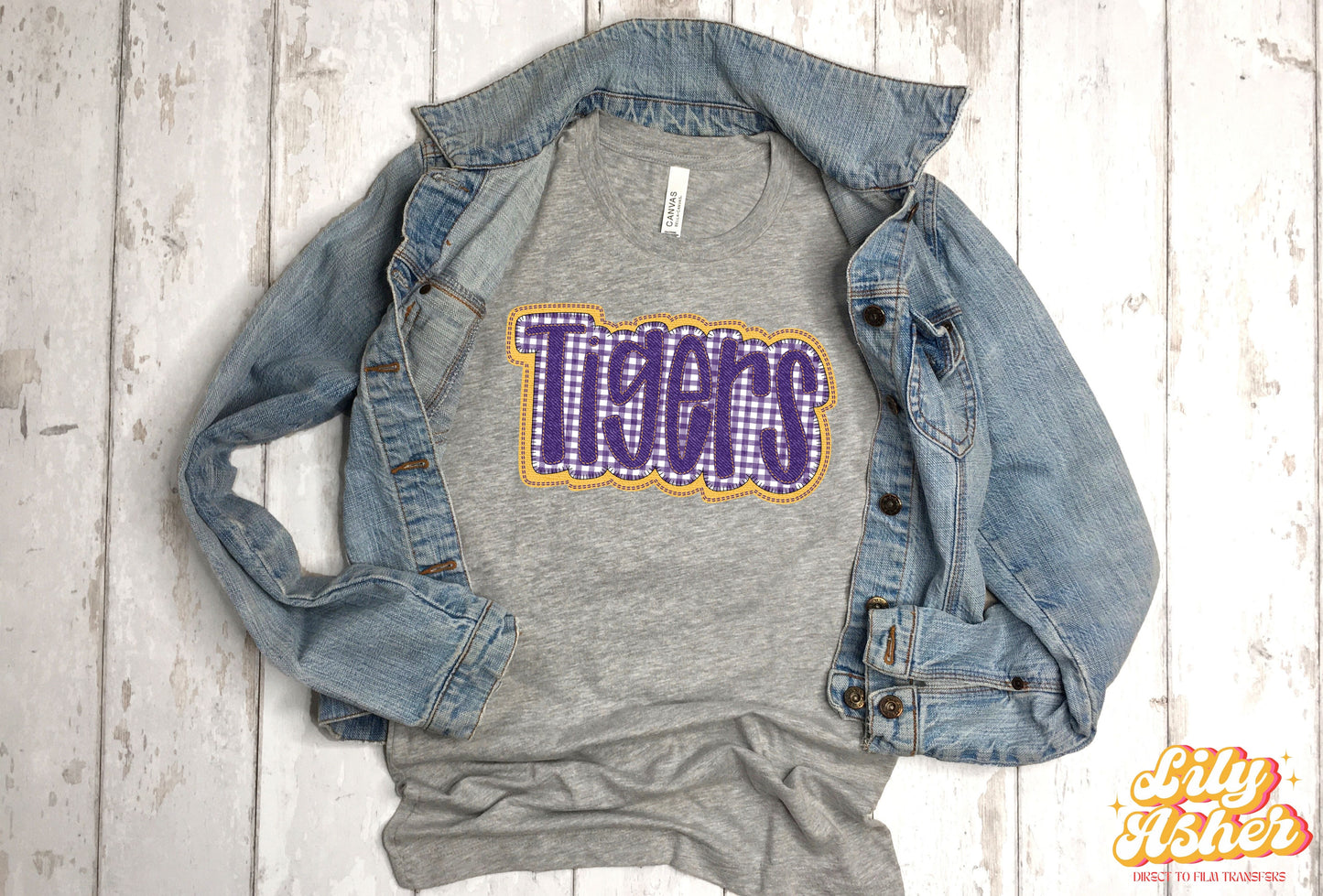 DTF TIGERS PURPLE/GOLD FAUX EMBROIDERY SEQUIN TRANSFER