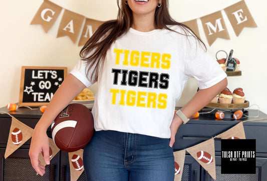 DTF TIGERS YELLOW GOLD/BLACK RETRO STACKED TEXT GAME DAY TRANSFER