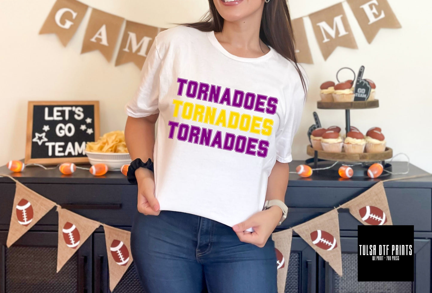 DTF TORNADOES PURPLE/YELLOW GOLD GOLD RETRO STACKED TEXT GAME DAY TRANSFER