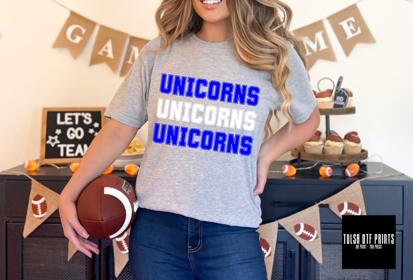 DTF UNICORNS BLUE/WHITE RETRO STACKED TEXT GAME DAY TRANSFER