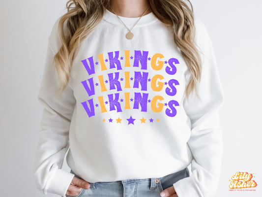 DTF VIKINGS YELLOW GOLD-PURPLE STACKED TEXT W/ STARS TRANSFER