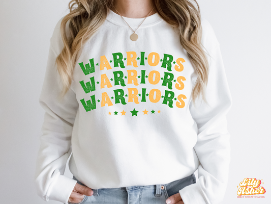 DTF WARRIORS GREEN/YELLOW GOLD STACKED TEXT W/ STARS TRANSFER