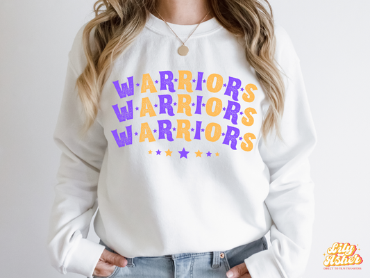 DTF WARRIORS PURPLE-YELLOW GOLD STACKED TEXT W/ STARS TRANSFER