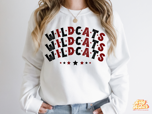 DTF WILDCATS BLACK-MAROON STACKED TEXT W/ STARS TRANSFER