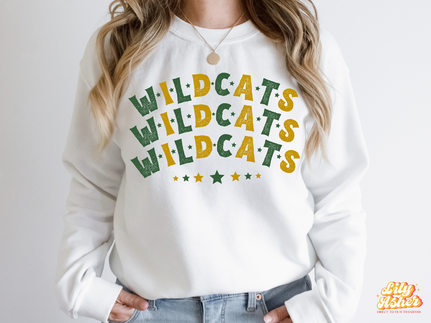 DTF WILDCATS HUNTER GREEN/GOLD STACKED TEXT W/ STARS TRANSFER