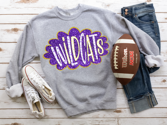 DTF WILDCATS PURPLE/YELLOW GOLD GLITTER CLOUD GAME DAY TRANSFER