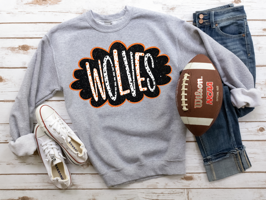 DTF WOLVES ORANGE/BLACK GLITTER CLOUD GAME DAY TRANSFER