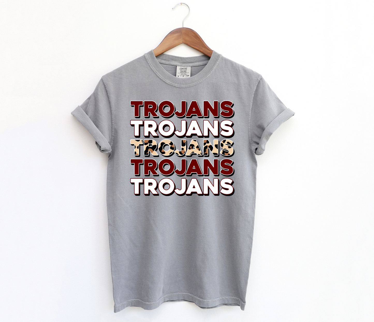 DTF TROJANS MAROON/WHITE  STACKED TRANSFER