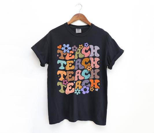 DTF TEACH STACKED RETRO FLOWER DISTRESSED TRANSFER