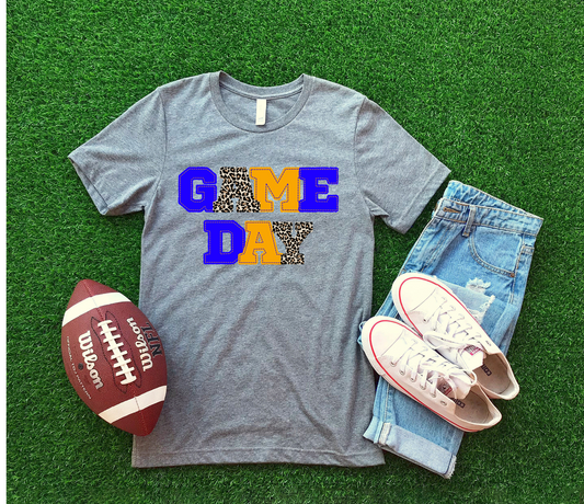 DTF GAME DAY ROYAL & YELLOW PATCHWORK TRANSFER