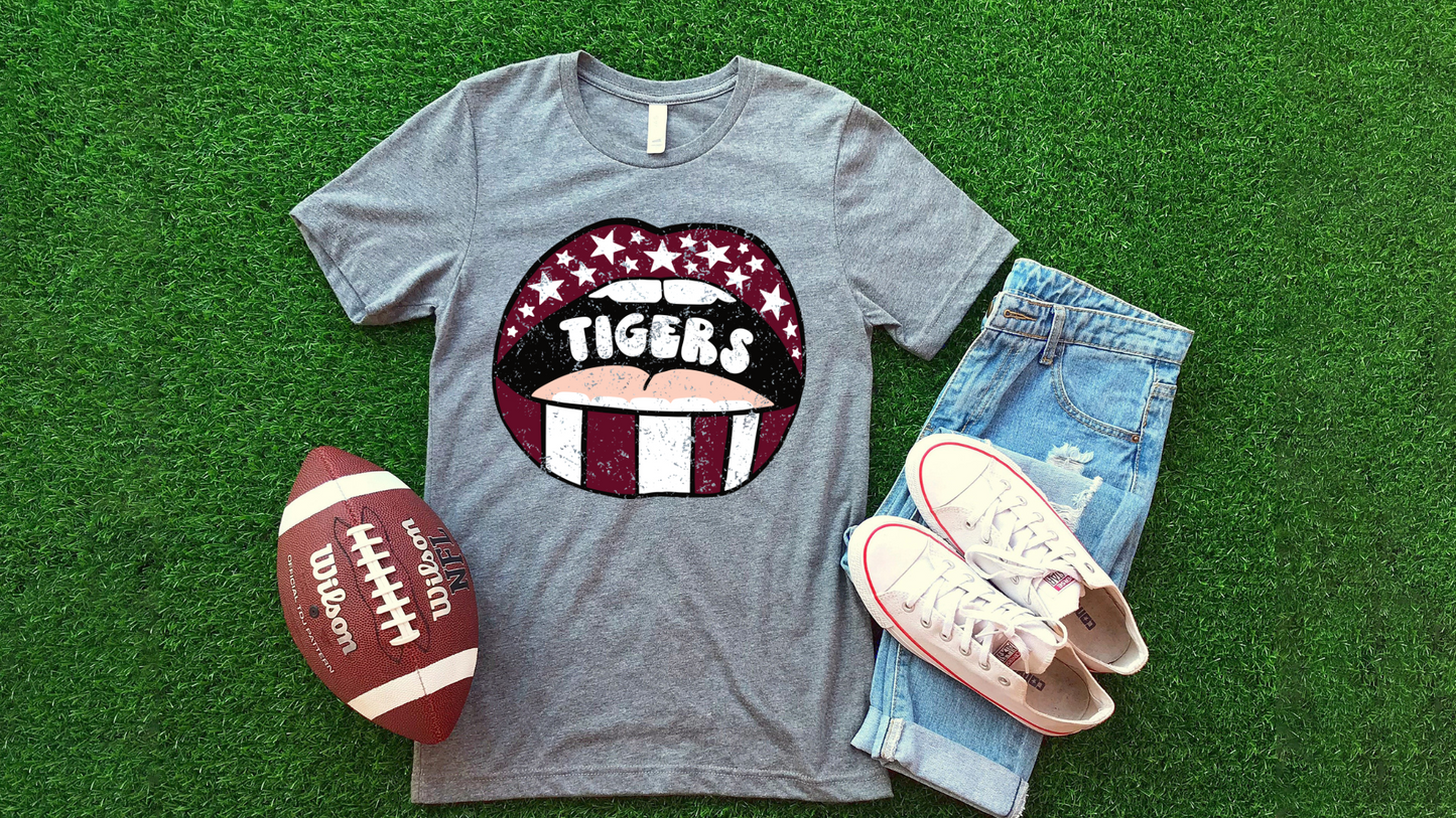 DTF TIGERS LIPS MAROON/WHITE DISTRESSED TRANSFER