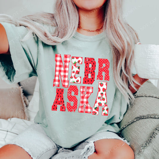DTF NEBRASKA STRAWBERRY DOTS/GINGHAM TRANSFER