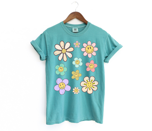 DTF RETRO FLOWERS + HAPPY FACE DISTRESSED TRANSFER