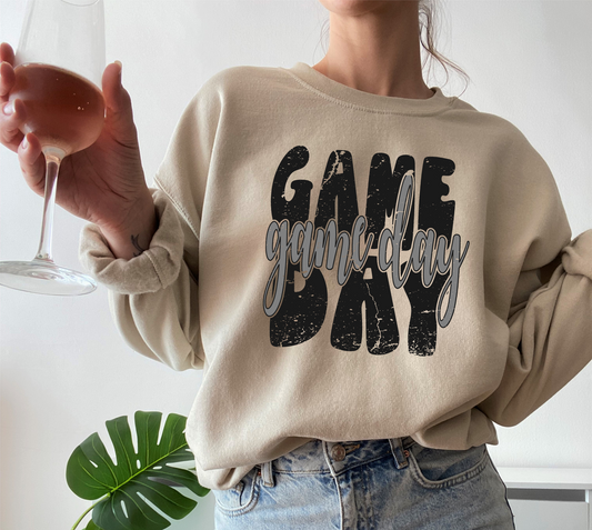 DTF Game Day Distressed Stacked Cutout Black/Grey TRANSFER