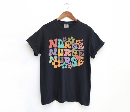 DTF NURSE STACKED RETRO FLOWER DISTRESSED TRANSFER