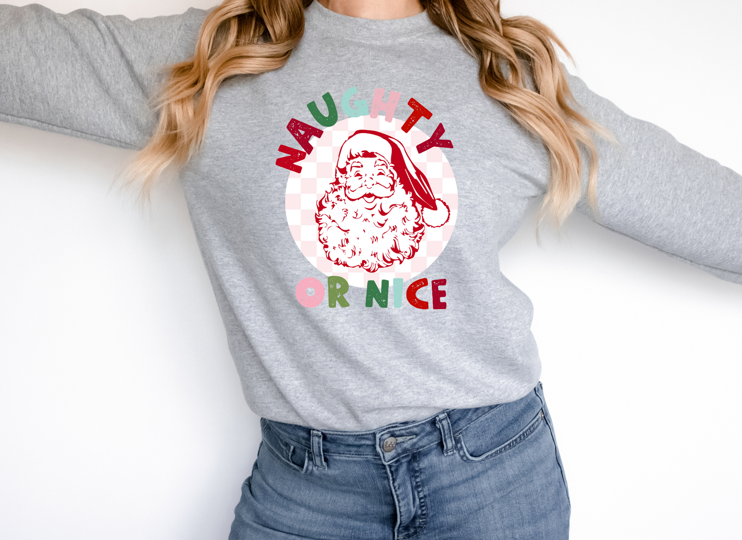 DTF NAUGHTY OR NICE CHECKERED SANTA TRANSFER